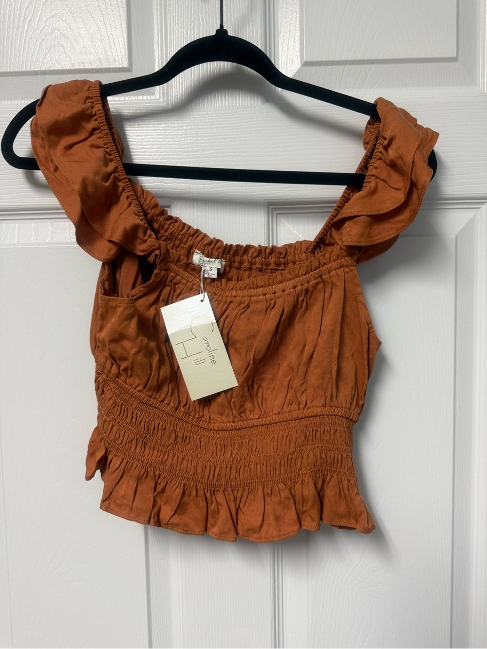 Caroline hill bucket list  Rust Smocked Ruffle Crop Top